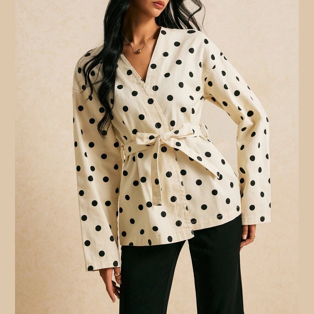 White / Black Polka Dot Denim Belted Shawl Wrap Jacket
